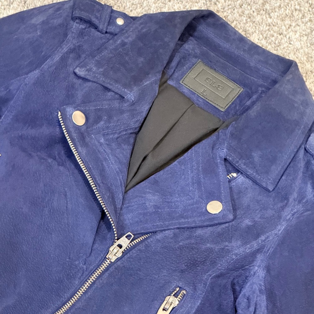 SL8 Navyโ Blue Suede Leather Cropped Biker Jacket Womens Size L 18 P2P x 20 L